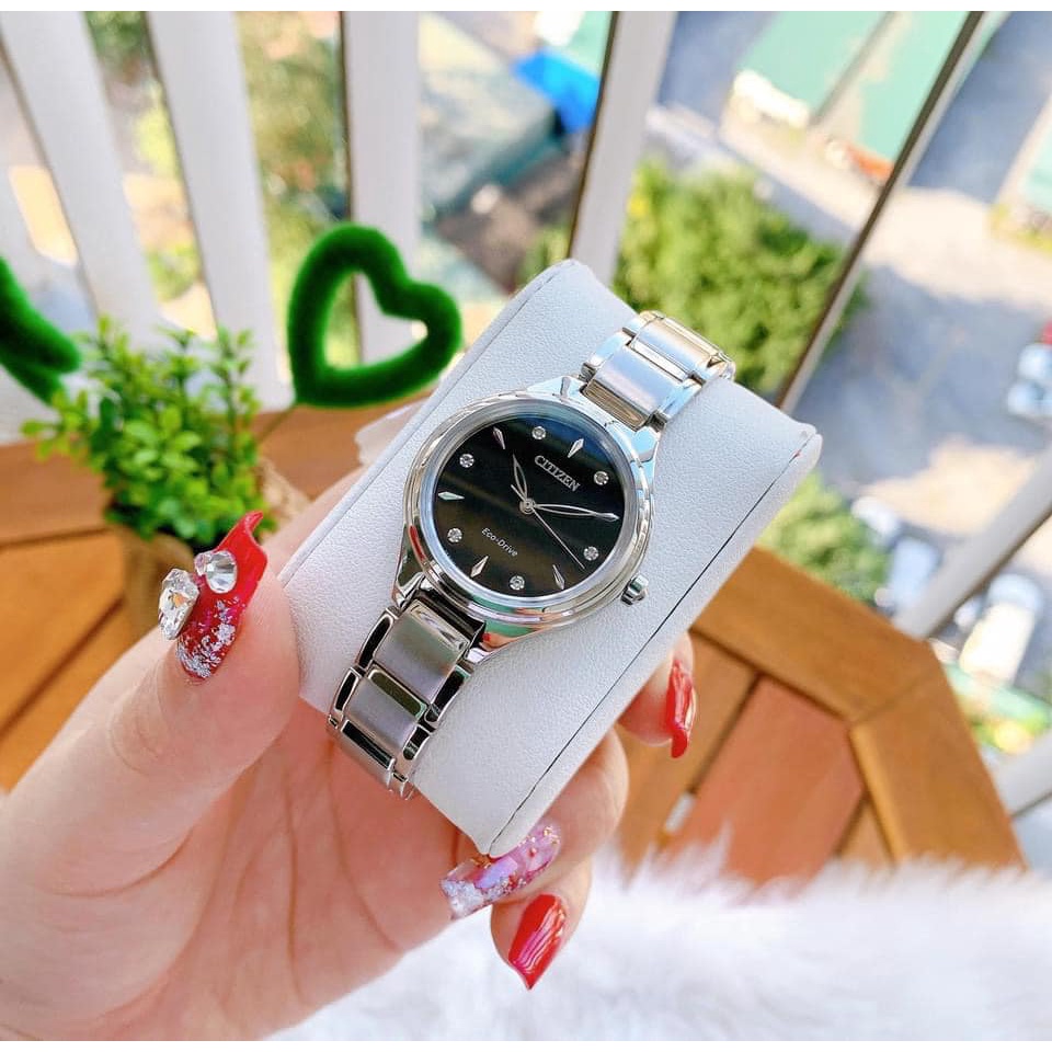 Đồng hồ nữ Citizen FE2100-51E dây bạc, mặt đen - Size 29mm
