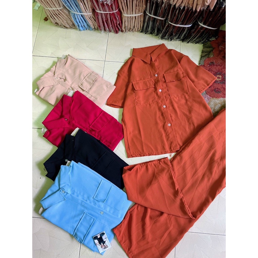 Set bộ sơ mi đũi 2 túi quần dài, bộ nữ cộc tay quần ống xuông đi chơi dạo phố xinh xắn