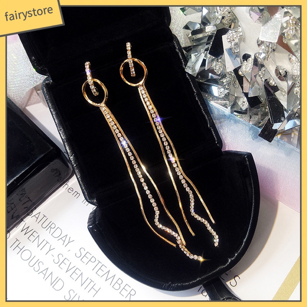 Hoa tai dây tua dài hình tròn dạng thả đính đá cho nữ