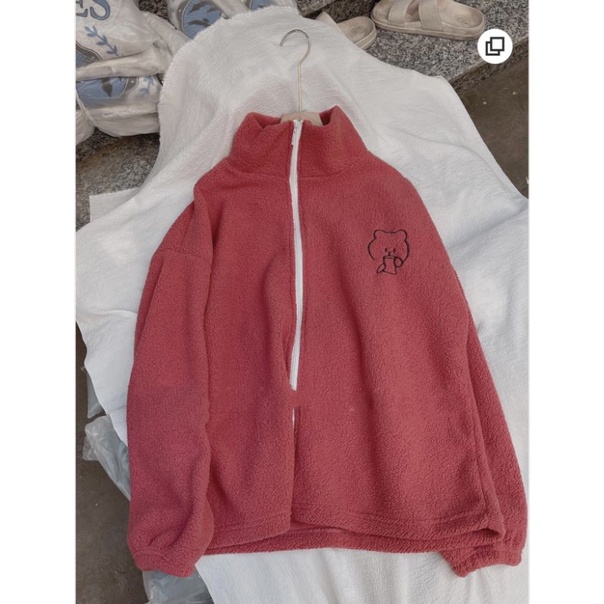 Áo Khoác Lông Cừu Thêu Chữ Gấu Nữ[FREESHIP]Jacket nỉ bông from rộng nhiều màu