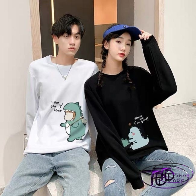 Áo Nỉ ⚜️ Áo Cặp⚜️ Đồ Đôi Nỉ Bông tay dài cổ tròn tình yêu khủng long Hot 2020 Cao cấp loại 1 | BigBuy360 - bigbuy360.vn