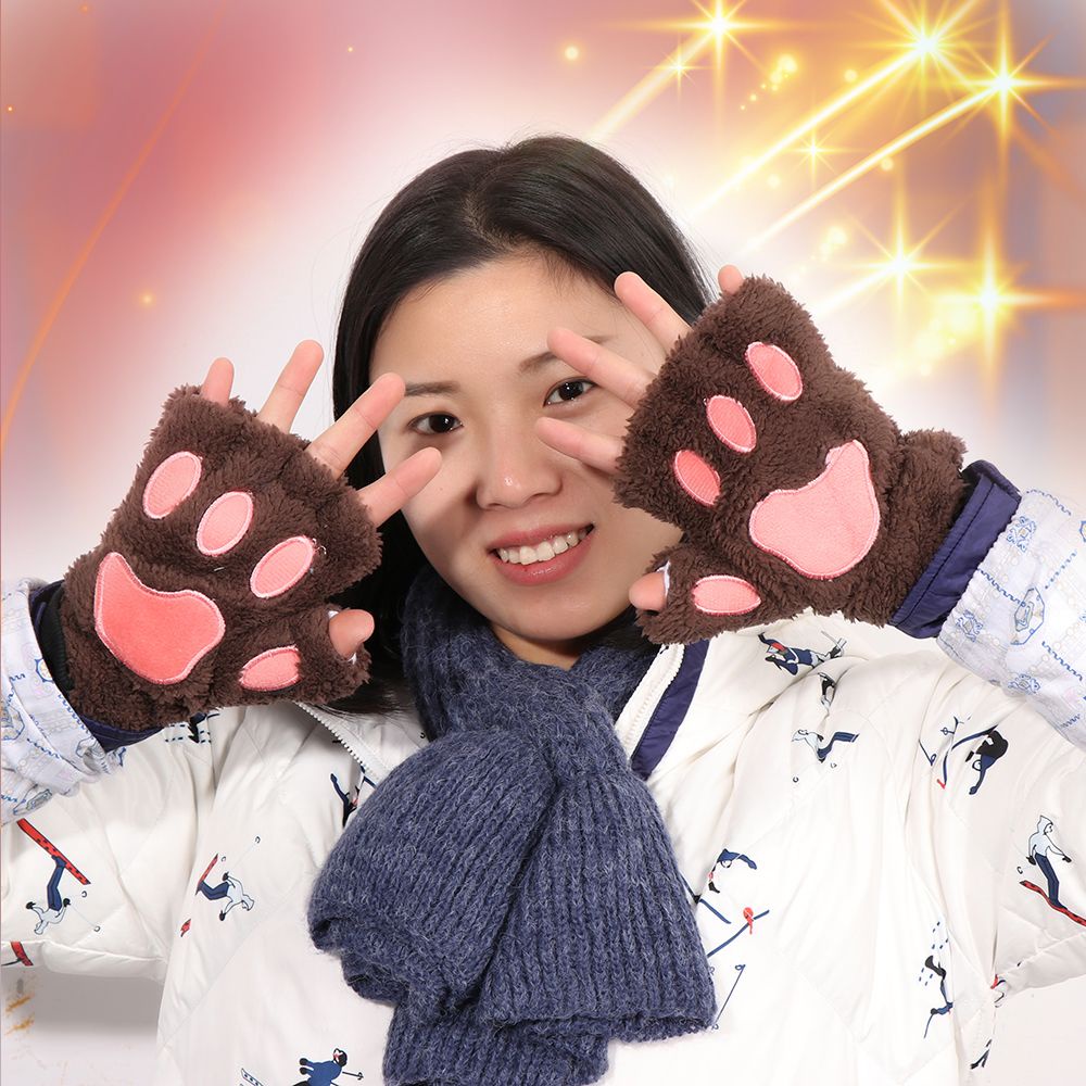 Găng tay lông xù hở ngón hình bàn chân gấu/mèo dễ thương 14 màu phong cách mùa đông cho nữ