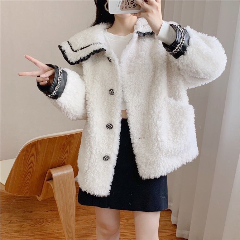 Áo Khoác nỉ lông mềm tiểu thư một màu cổ bẻ viền bèo xung quanh from chuẩn ảnh Ulzzang,dễ mặc,sang chảnh(video ảnh thật)