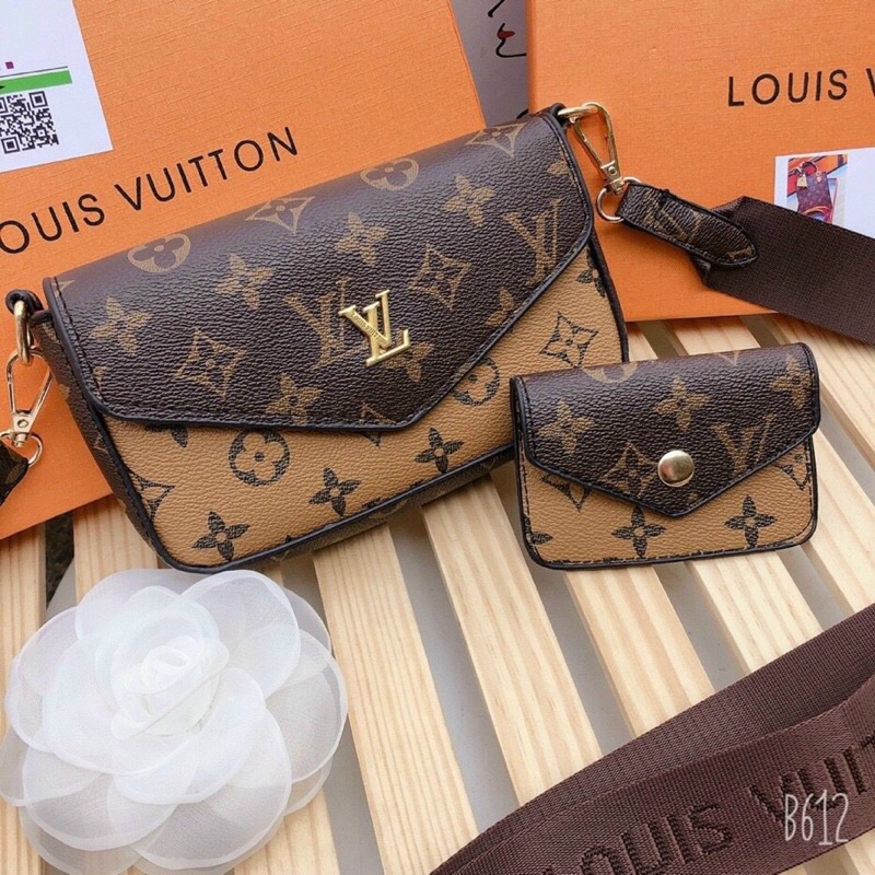 Túi đeo chéo in hoạ tiết lv tặng kèm túi mini