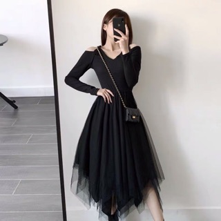 Đầm liền len xoè lưới cắt chéo hở vai quyến rũ Ulzzang ❤️