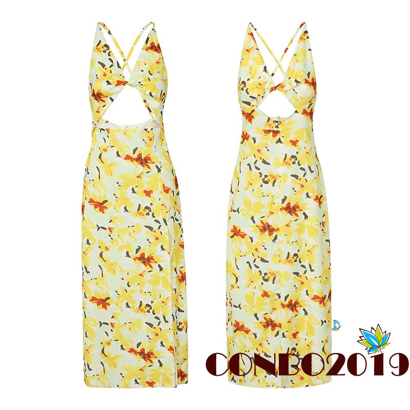 Đầm khoét cổ chữ v Hở Lưng In Họa Tiết Hoa Màu Vàng Thời Trang Cho Nữ