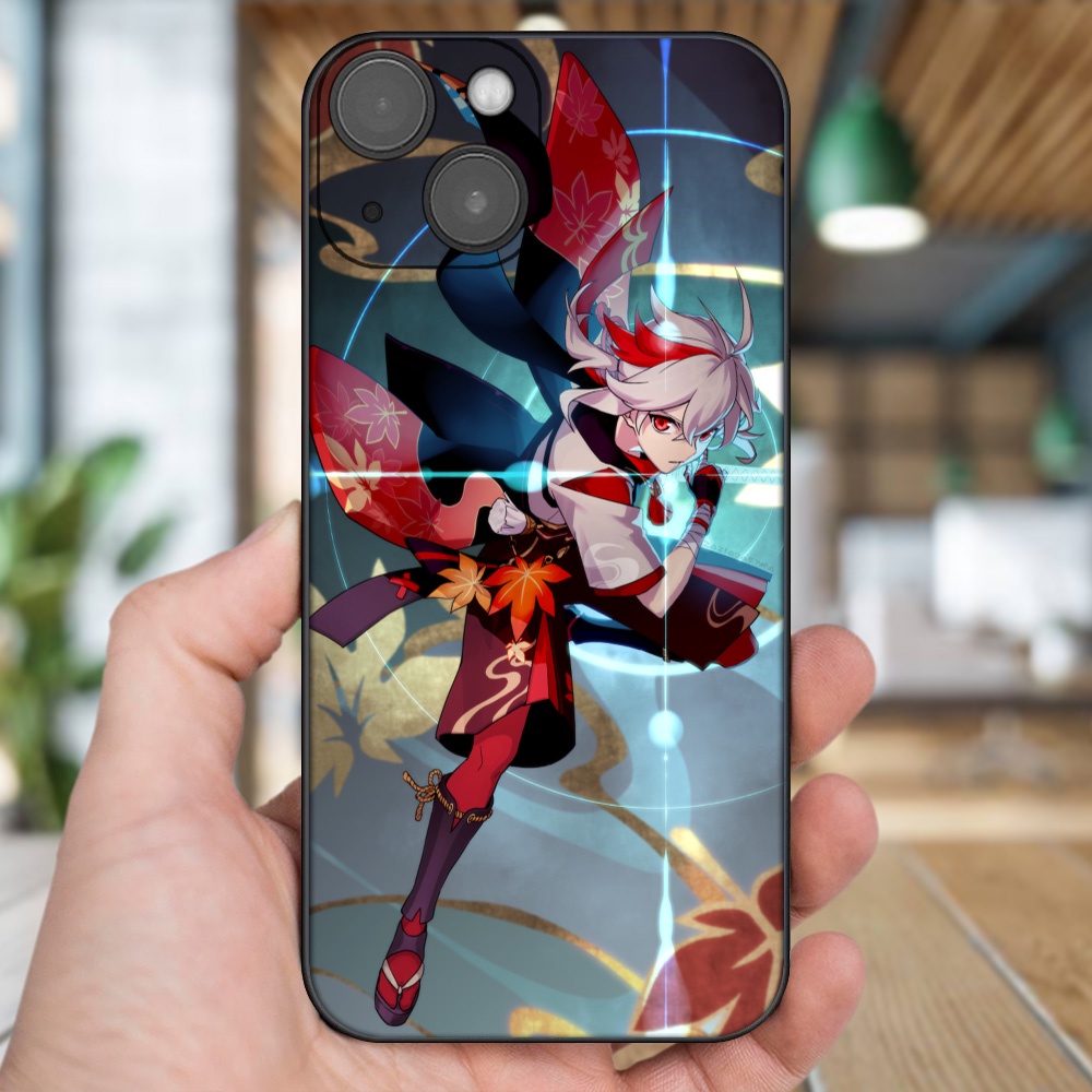 Ốp lưng iPhone 13 dẻo đen cạnh vuông in hình Kazuha Genshin Impact