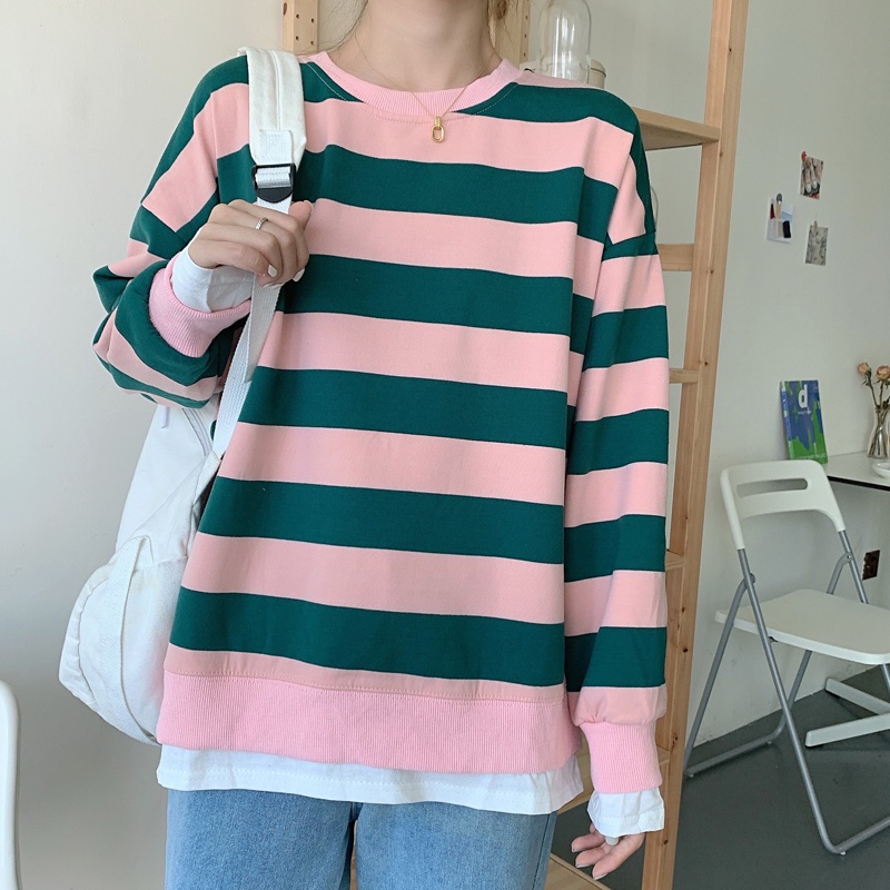 Áo Sweater Dáng Rộng Phối Sọc Xinh Xắn Theo Phong Cách Mùa Thu Dành Cho Nữ
