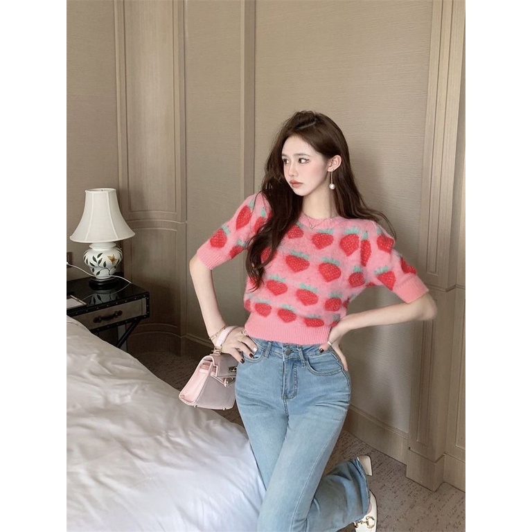 Áo sweater Dệt Kim In Hình Dâu Tây Xinh Xắn Cho Nữ