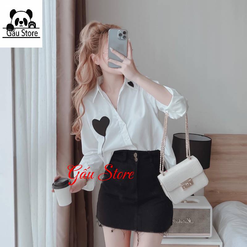 Áo sơ mi trắng nữ thêu trái tim phong cách Hàn Quốc áo sơ mi nữ đẹp Gấu Store
