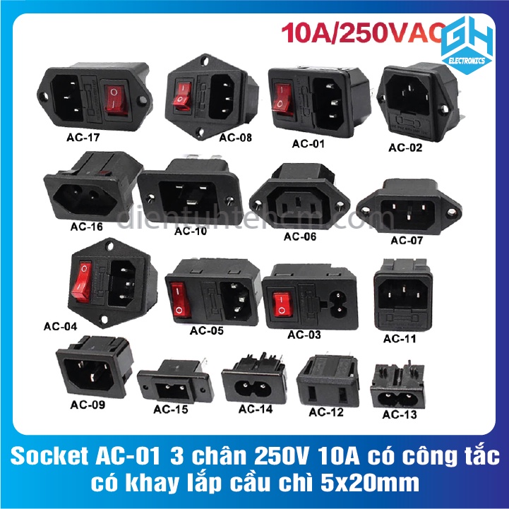 Socket AC-01,AC-010 loại 3 chân 250V 10A có công tắc, có khay lắp cầu chì 5x20mm nhưng không kèm theo cầu chì