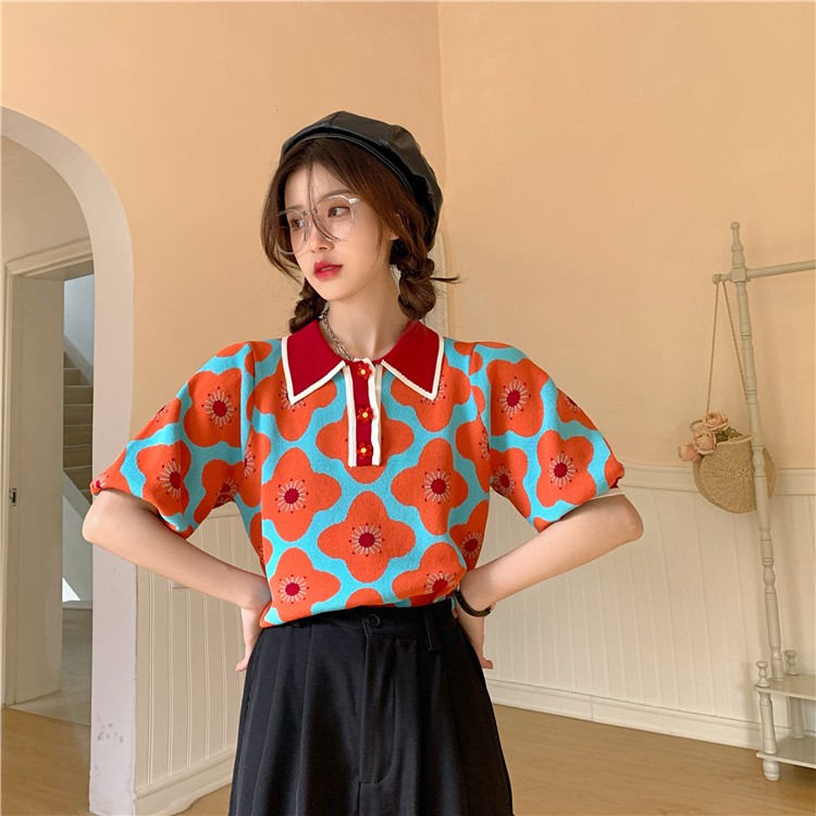 Áo kiểu dệt kim tay phồng cổ polo in họa tiết hoa màu sắc tương phản phong cách retro thời trang mùa hè xinh xắn | BigBuy360 - bigbuy360.vn