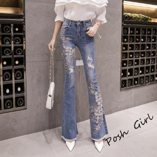 Quần jean lưng cao ống loe thêu họa tiết xinh xắn thời trang cho nữ