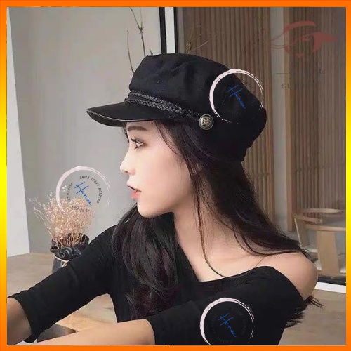 Mũ Beret Nữ Thủy Thủ Chất Dạ Vành Da Kèm Đai Vặn Thừng Đính Cúc Cá Tính Phong Cách Sang Chảnh Hanva