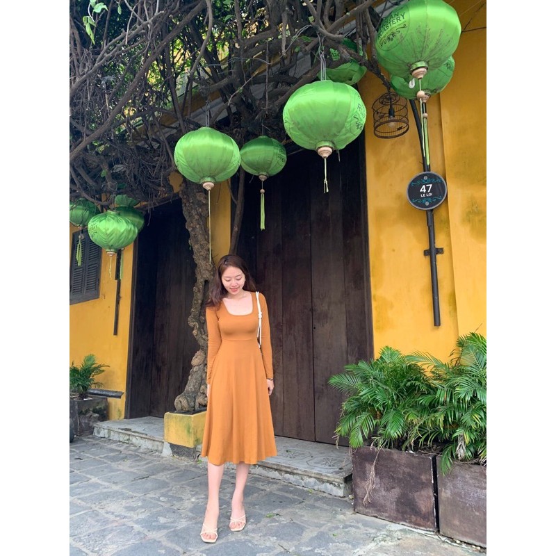 Đầm dài xoè len zip cổ U - Váy nữ dáng suông tôn dáng dài tay cổ vuông nữ | BigBuy360 - bigbuy360.vn