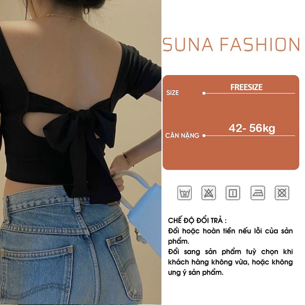 Áo croptop nữ tay ngắn phối nơ, Áo croptop ôm co dãn hở lưng SUNA FASHION