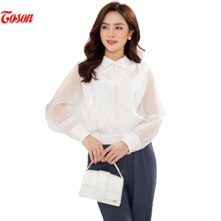 Áo sơ mi lụa trắng, bo gấu, cổ Đức, bấu mí thân trước Toson 14947W82