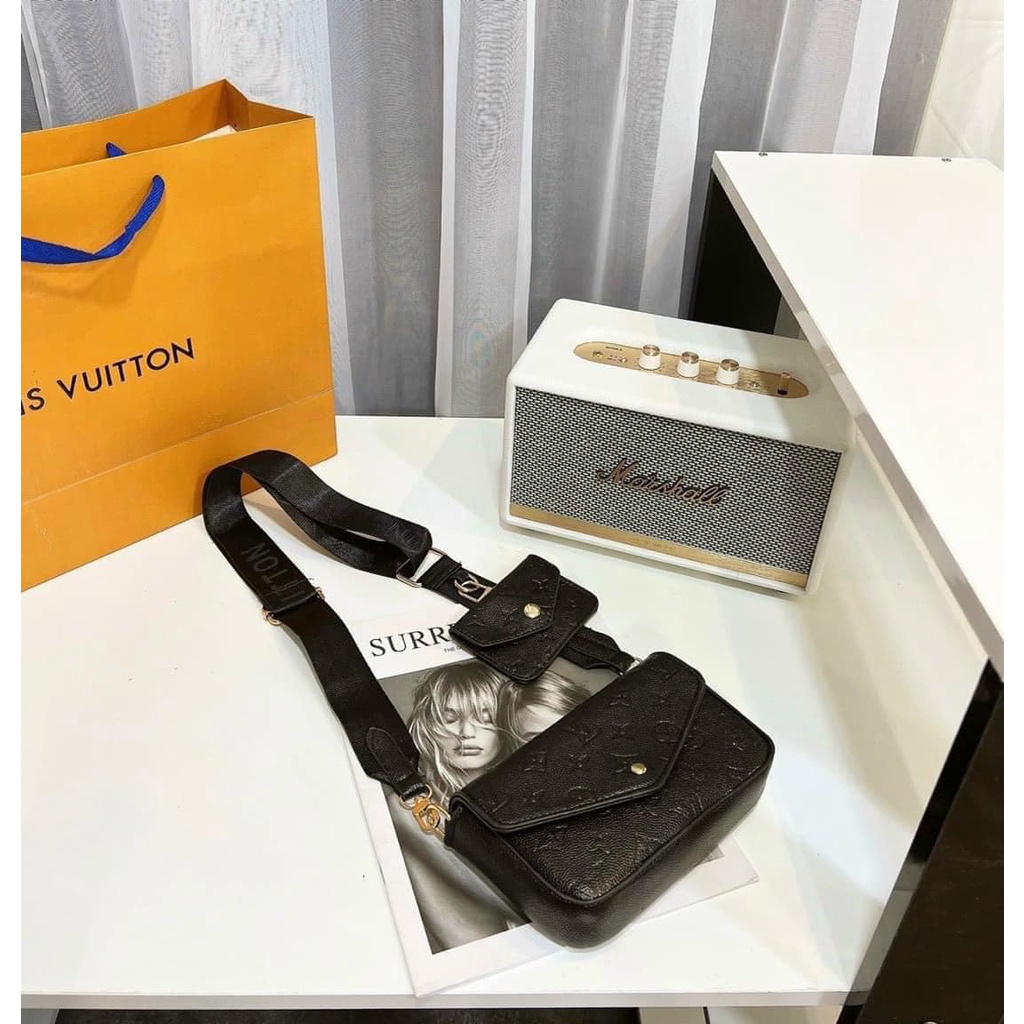 Túi xách nữ Set 2 món Lv đen dập logo 2 in 1 dây dù đeo chéo thời trang