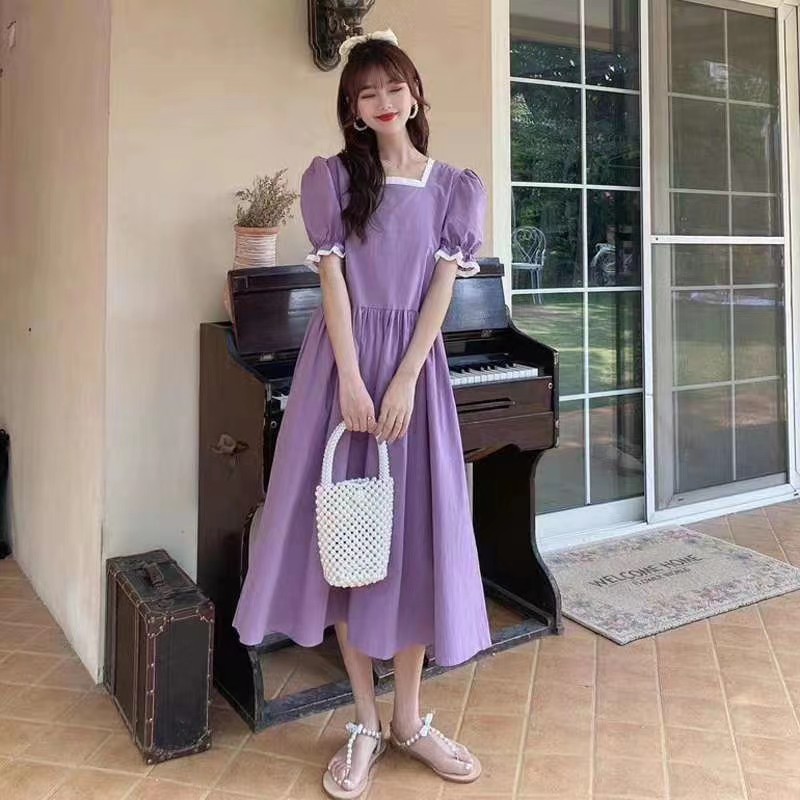 Đầm Maxi Xòe Tay Ngắn, Cố Vuông Viền Ren Màu Trơn SP028589 - SP028595 | BigBuy360 - bigbuy360.vn