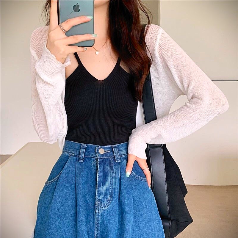 Áo khoác len cardigan mỏng nhẹ croptop tay dài choàng lưng hàng Quảng Châu dễ phối đồ