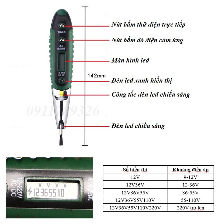 Bút thử điện cảm ứng dò dây đứt ngầm dò dây nóng dây nguội màn hình led xanh