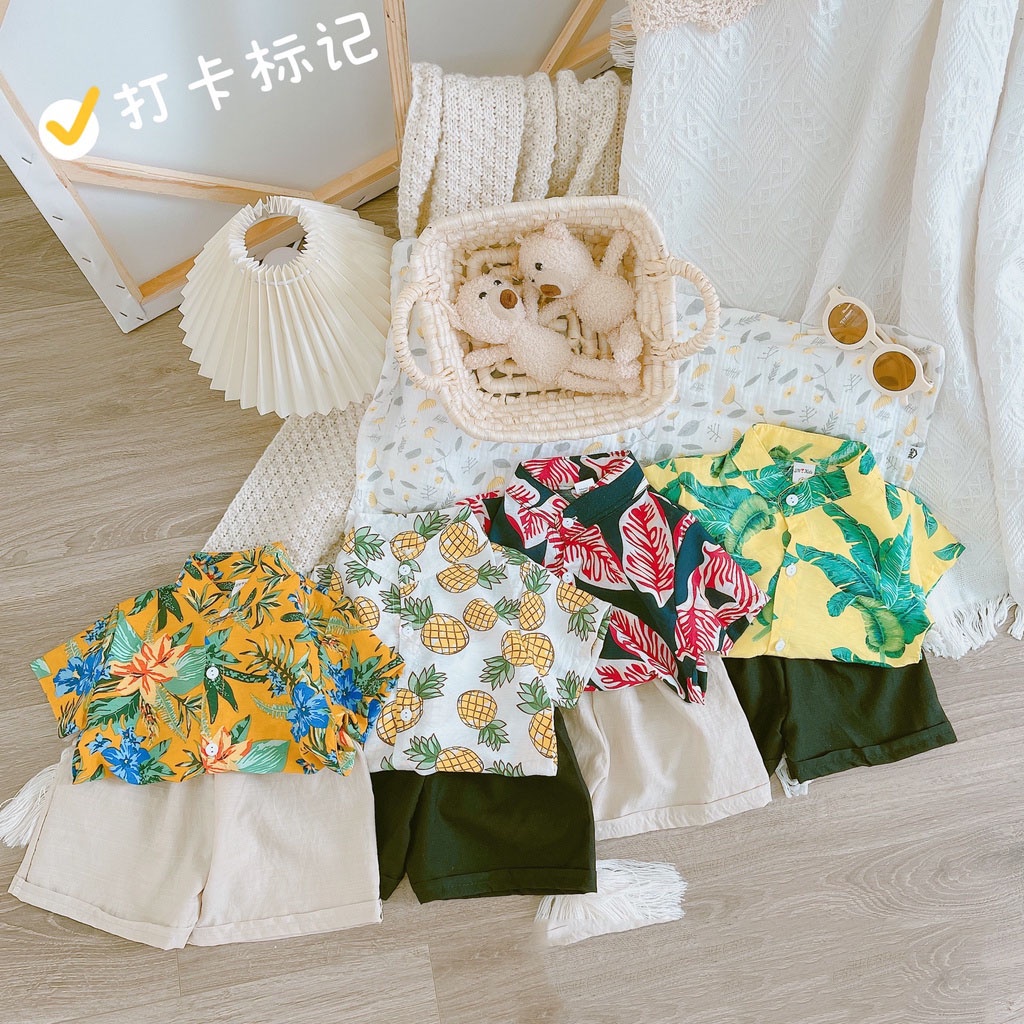 Bộ đi biển bé trai chất đũi cổ trụ in hoa lá mặc mùa hè cho bé trai Moon kids fashion