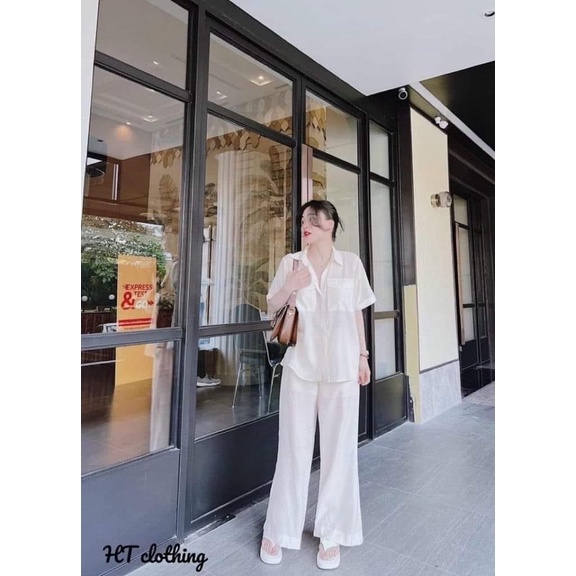 SET áo sơ mi cộc vải đũi màu trắng
