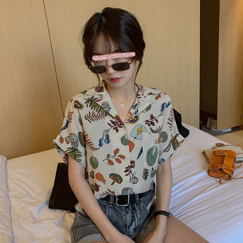 MS058 Áo sơ mi hoa lá cổ bẻ form rộng
