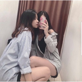 Sơ mi sọc oversize xám đen