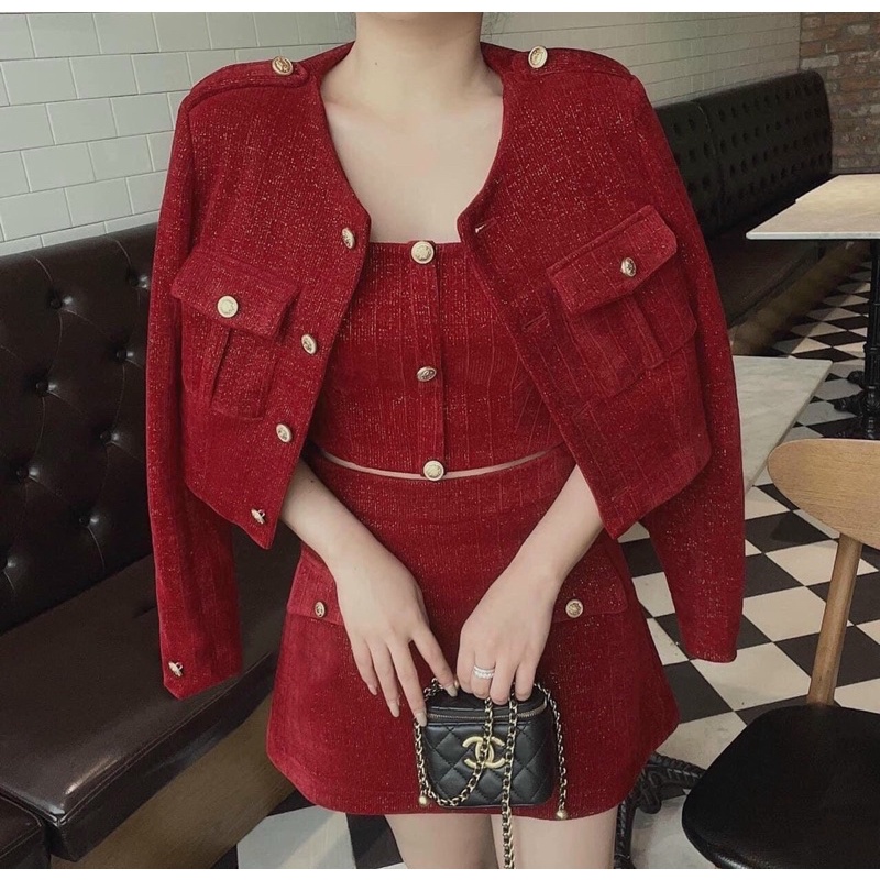 Sét Dạ 3 Món Thu Đông JARI-CLOTHES Sang Trọng Đỏ Đen Phong Cách Công Sở Bigsize
