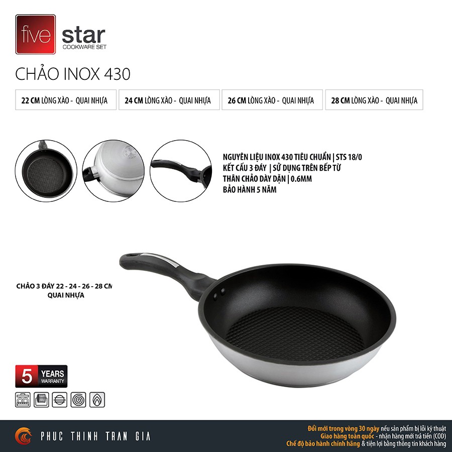 [FREESHIP] CHẢO CHỐNG DÍNH FIVESTAR 3 ĐÁY, INOX 430, CHẢO ĐÁY TỪ 3 LỚP ĐÁY DÙNG CHO MỌI LOẠI BẾP /HCC006