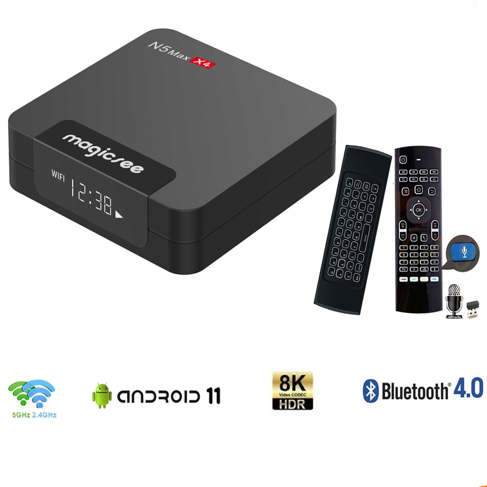 Tivi box N5 MAX X4 Ram 4G Android 11 điều khiển giọng nói và cử chỉ kiêm bàn phím bluetooth S905X4 dual wifi 2.4 và 5G