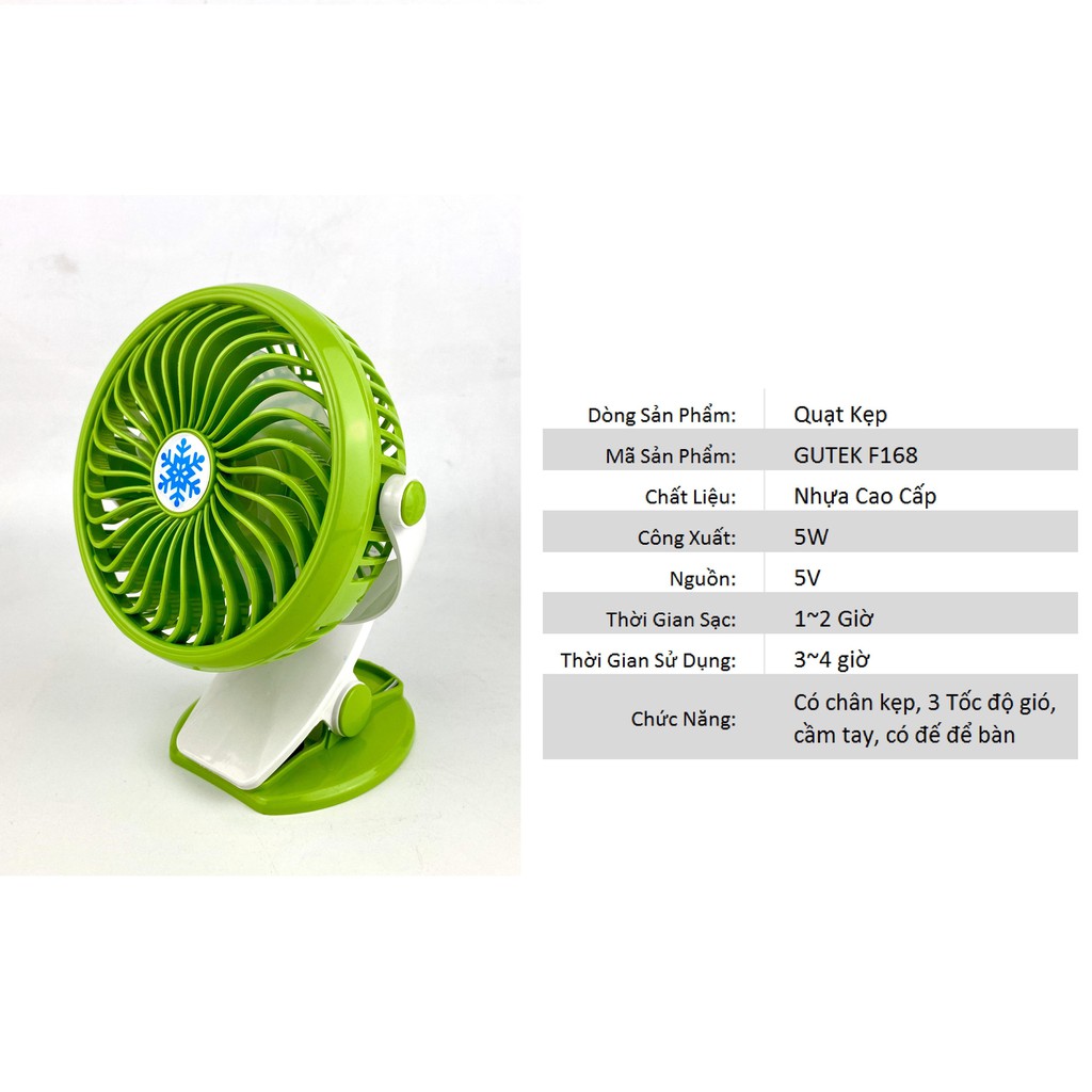 Quạt Kẹp Mini Gutek F186 3 Chế Độ Gió Sạc Pin Tích Điện Có Thể Dùng Để Bàn, Kẹp Bàn Hoặc Nôi Em Bé , Hàng Chính Hãng | BigBuy360 - bigbuy360.vn