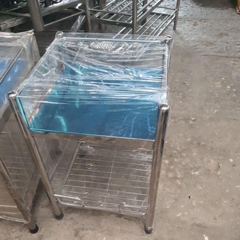 Kệ inox 2 tầng : 1 tấm 1vi , nhiều kích thước tiện dụng để noi cơm , bình nước suối , xô đá , để trong tủ bếp ...