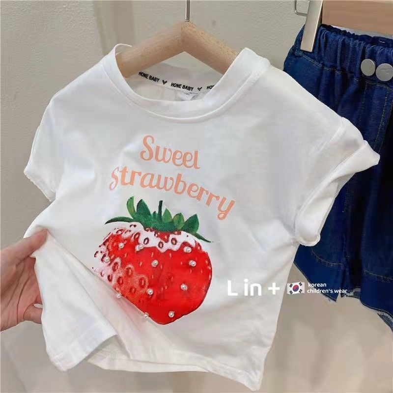 Bộ Áo Thun Ngắn Tay In Hình Dâu Tây + Chân Váy Lưới Thời Trang Mùa Hè Hàn Quốc Mới 2022