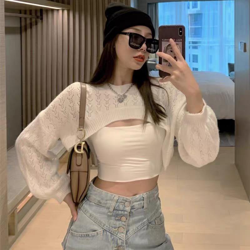 Áo len croptop tay dài cổ tròn🔥🤍 Áo len tay dài Ulzzang