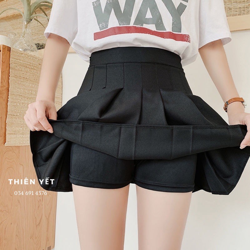 Chân váy xếp ly TENNIS ngắn ĐEN tuyền có quần trong hình thật nữ - Thiên Yết