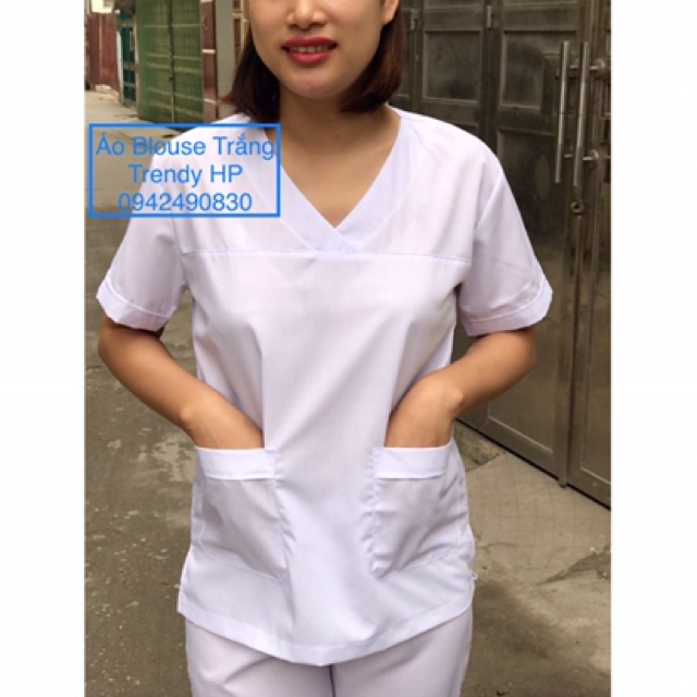 Áo blouse trắng cổ tim phẫu thuật nam nữ cộc tay - áo blu trắng bác sĩ, y tá ...