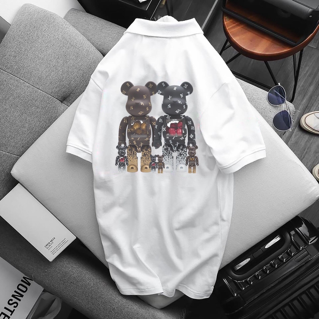 Áo POLO BEARBRICK, Áo thun có cổ Unisex nam nữ trắng đen, chất Thun Cá Sấu Poly Thái. KKIMSHOP