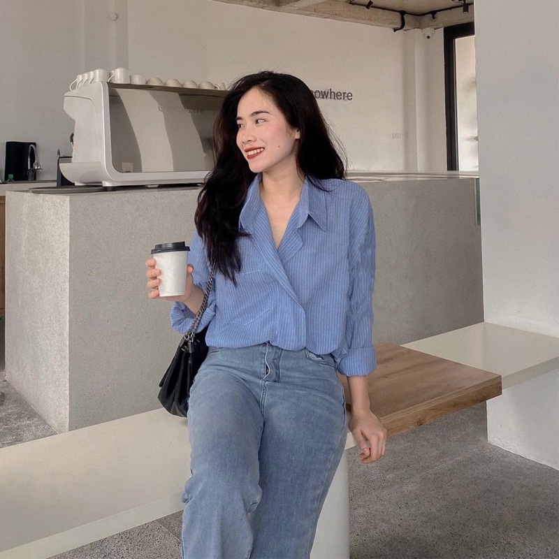 Áo sơ mi kẻ nữ vạt chéo tay dài from rộng - ảnh thật