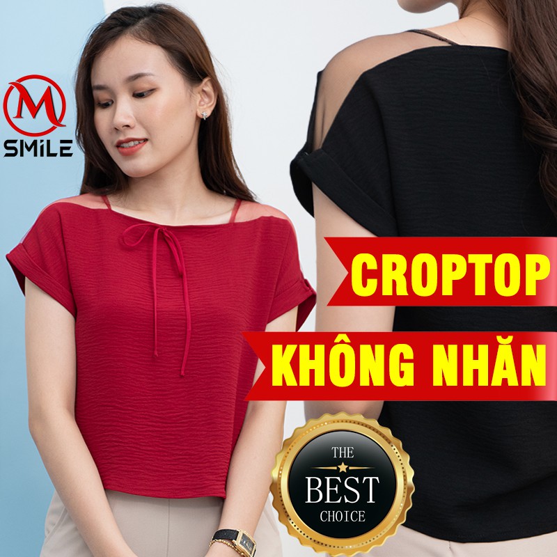 Áo Sơ Mi Kiểu Nữ Croptop hai màu đen đỏ, Sơ Mi Kiểu cách điệu cổ, tay đẹp