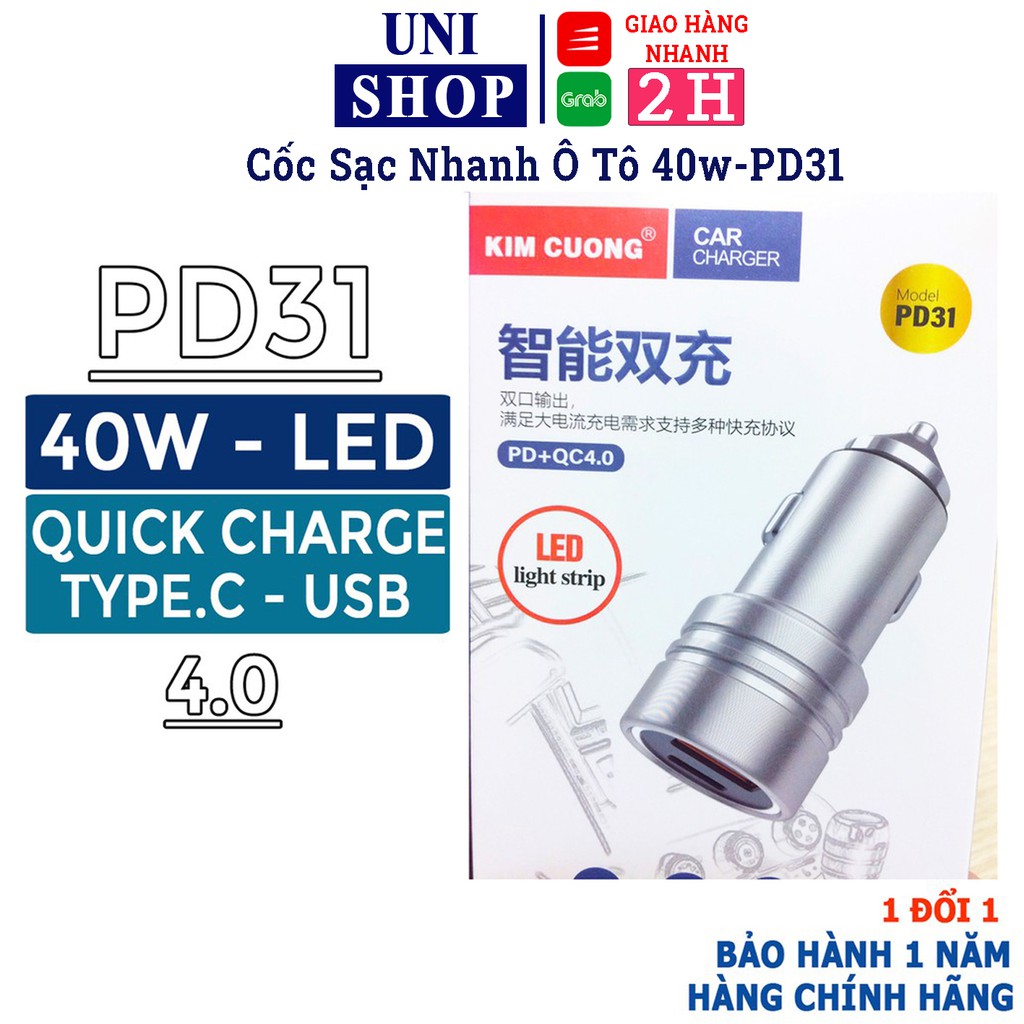 Tẩu sạc xe hơi ô tô ,củ sạc xe hơi kim cương đầu type-C USB - PD31 quick charge 4.0 kèm LED - Uni Shop