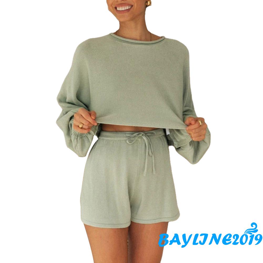 Set 2 Món Áo Len Tay Dài Phối Quần Short Thời Trang Quyến Rũ Cho Nữ