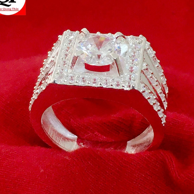 Nhẫn bạc nam Bạc Quang Thản phong cách Hàn Quốc ổ cao gắn kim cương nhân tạo 6 ly ...