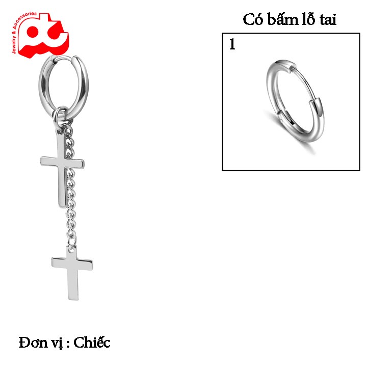 Bông tai nam inox cao cấp đẹp không gỉ 1 chiếc kpop kiểu tòn ten hình thánh giá bấm lỗ tai trangsucpt PTBTNA32