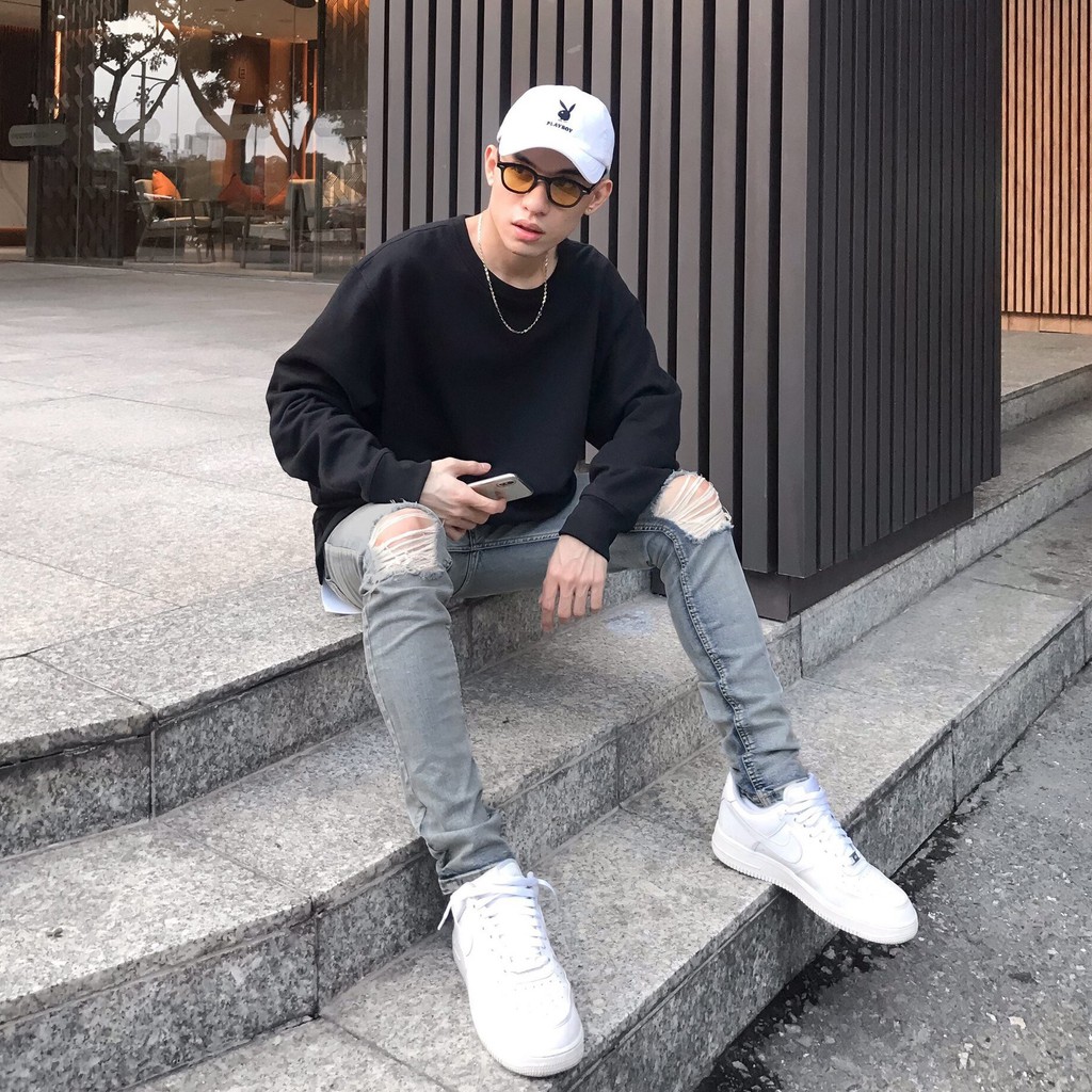 Quần Jean Nam Streetwear Cao Cấp FNOS NZ19 Màu Xanh Sáng - Rách Gối Form Slimfit - Jean Thun Co Giãn. | BigBuy360 - bigbuy360.vn