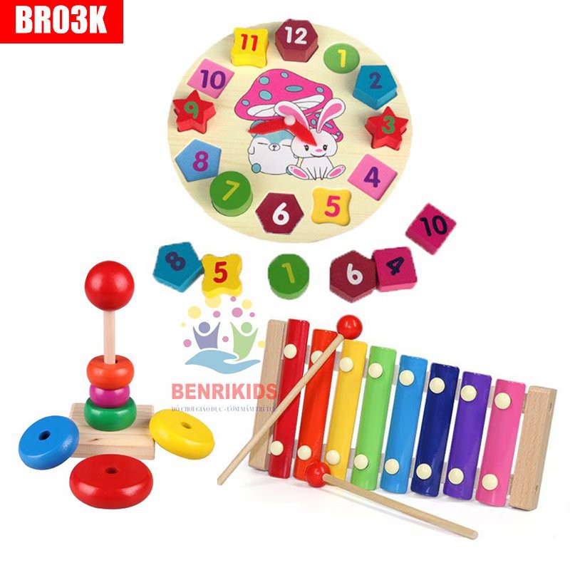 Giáo Cụ Montessori 3 Món Bằng Gỗ BR03K : Đàn- Đồng Hồ- Tháp Gỗ Cho Bé Học Màu Sắc, Âm Thanh