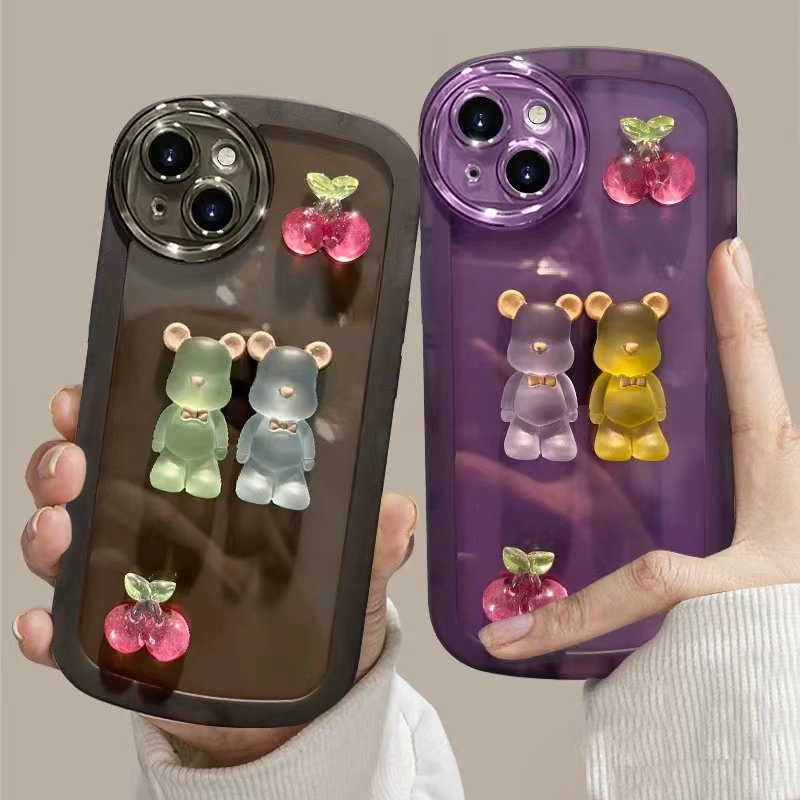 Casing Realme 11 C30 C35 C21Y C25Y 9i C17 7I C11 C15 5 5s 5i 7i 2 Pro U1 C17 C21Y C25Y Narzo 50A C1 2020 Prime Cute Cartoon Crystal Cherry Bear Round Edge Airbag Shockproof Lens Protection Candy Colors Tpu Clear Phone Case Cover NKS 05