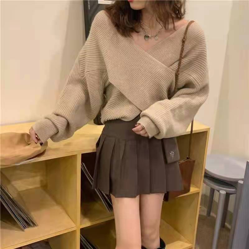 Áo sweater SUXI tay dài cổ chữ V dáng rộng phong cách Hàn Quốc