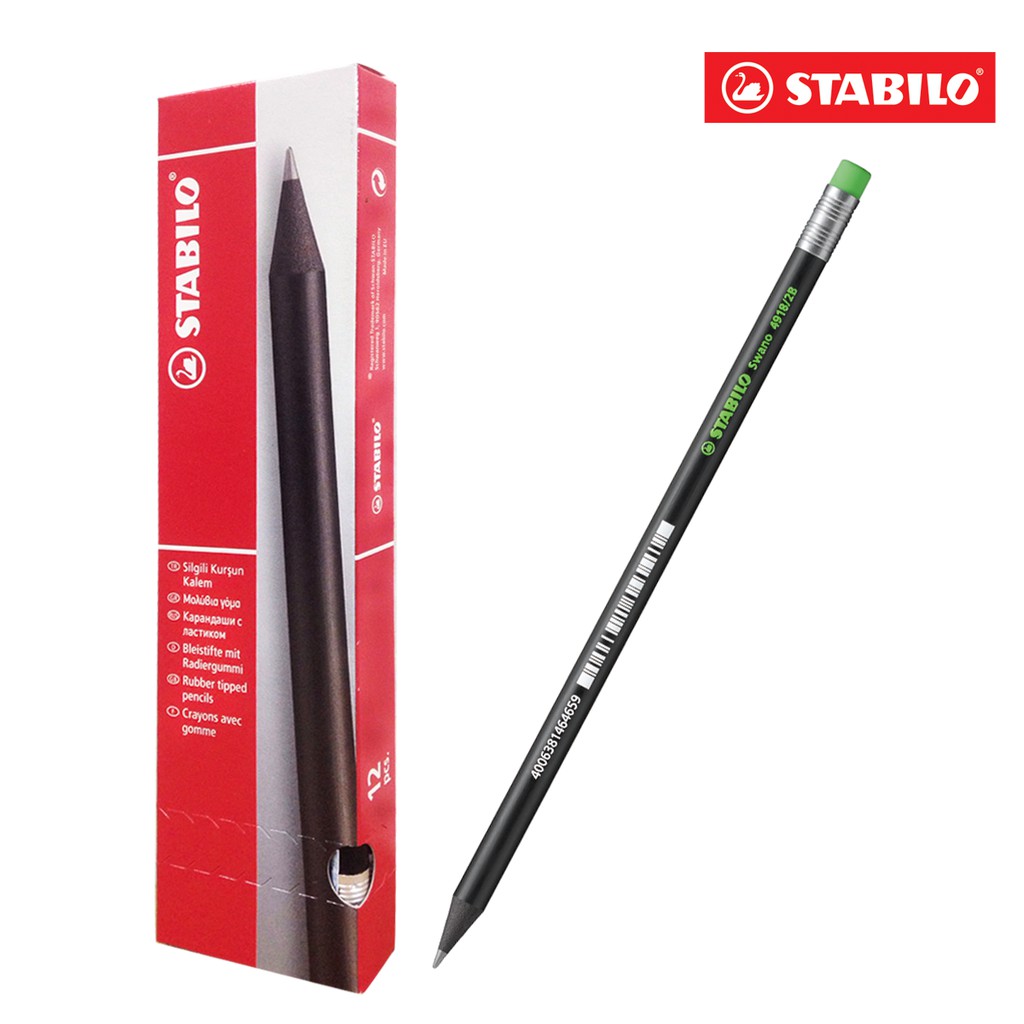 Bộ 2 cây bút chì gỗ STABILO Swano 2B thân đen + tẩy ER193 + chuốt chì PS4538 (PC4918-C2S+)